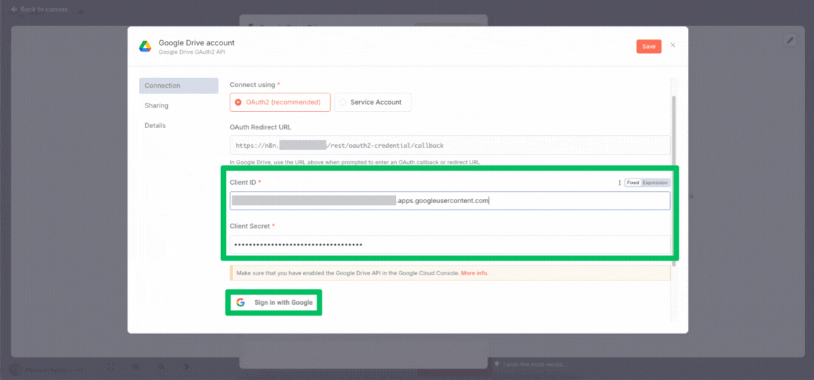 Finalizing Google Drive OAuth credential in n8n