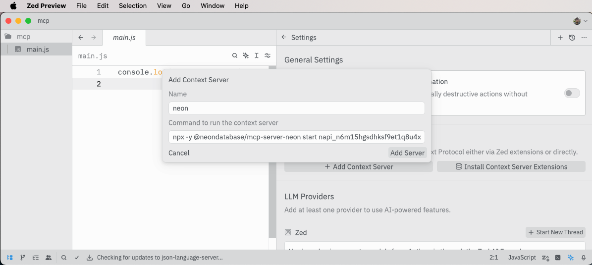 Zed add Neon Local MCP server